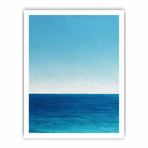 Minimalist blue ocean canvas art with calm horizon and textured sky for coastal bedroom decor.