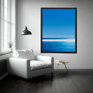 Bright turquoise ocean canvas art with white surf and blue sky for coastal bedroom decor.