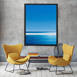 Bright turquoise ocean canvas art with white surf and blue sky for coastal bedroom decor.