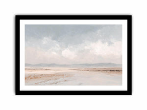 Soft neutral desert landscape canvas art with distant mountains and cloudy sky for calm bedroom decor.