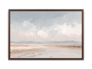 Soft neutral desert landscape canvas art with distant mountains and cloudy sky for calm bedroom decor.