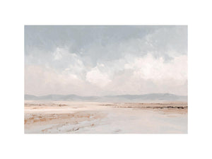 Soft neutral desert landscape canvas art with distant mountains and cloudy sky for calm bedroom decor.