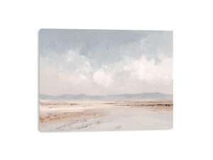Soft neutral desert landscape canvas art with distant mountains and cloudy sky for calm bedroom decor.