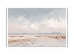 Soft neutral desert landscape canvas art with distant mountains and cloudy sky for calm bedroom decor.