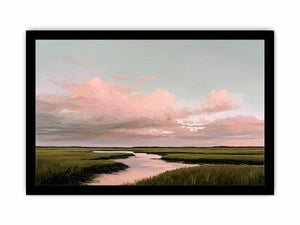 Soft pink marsh landscape canvas art for serene living room decor.
