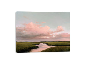 Soft pink marsh landscape canvas art for serene living room decor.