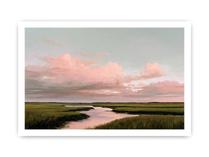 Soft pink marsh landscape canvas art for serene living room decor.