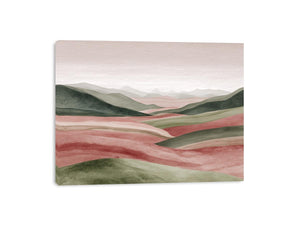 Blush green valley landscape canvas art for calm bedroom styling.