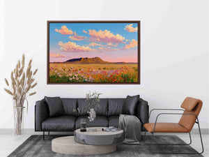 Colorful desert wildflower canvas art for vibrant living room decor.