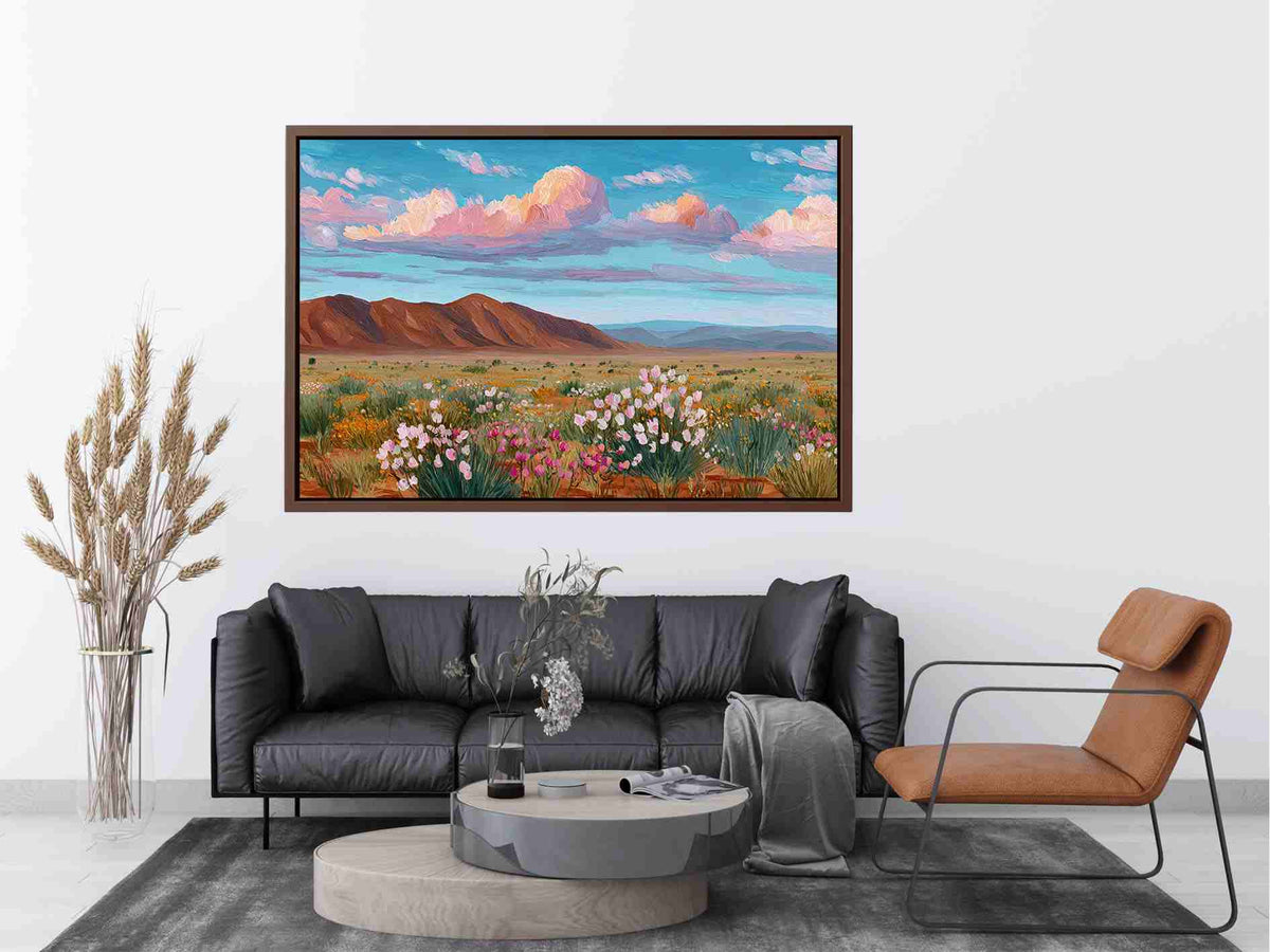Vibrant desert wildflower landscape canvas art for modern living room decor.