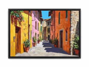 Colorful Tuscan street canvas art for warm dining room and hallway decor.