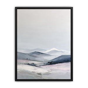 Vertical snowy mountain canvas art for calm minimalist bedroom decor.