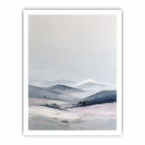 Vertical snowy mountain canvas art for calm minimalist bedroom decor.