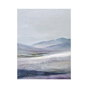 Misty lavender mountain canvas art for peaceful modern bedroom decor.