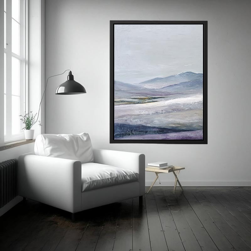 Misty lavender mountain canvas art for peaceful modern bedroom decor.