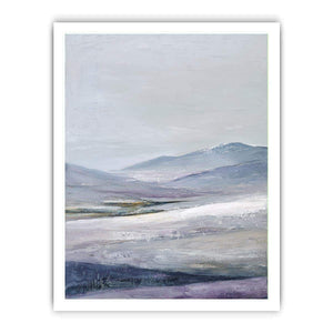 Misty lavender mountain canvas art for peaceful modern bedroom decor.