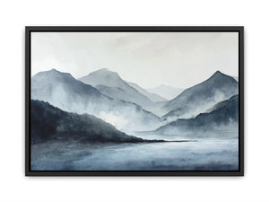Blue mist mountain lake canvas art for serene bedroom and office decor.
