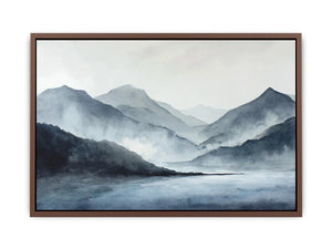Blue mist mountain lake canvas art for serene bedroom and office decor.