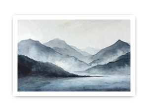 Blue mist mountain lake canvas art for serene bedroom and office decor.