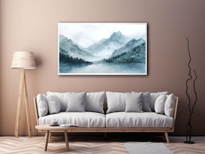Dramatic misty mountain lake canvas art for luxury living room decor.