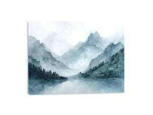 Dramatic misty mountain lake canvas art for luxury living room decor.