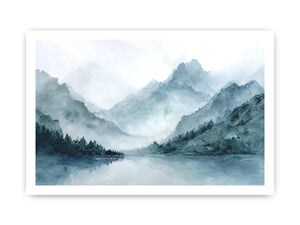 Dramatic misty mountain lake canvas art for luxury living room decor.