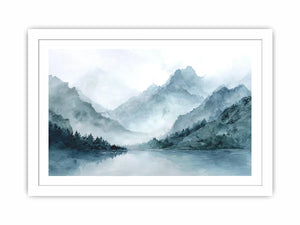 Dramatic misty mountain lake canvas art for luxury living room decor.