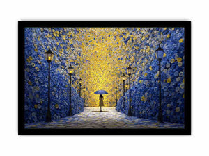 Surreal blue gold umbrella corridor canvas art for dramatic hallway decor.