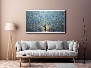Blue umbrella abstract city canvas art for modern office and hallway decor.