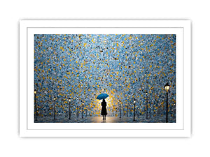 Blue umbrella abstract city canvas art for modern office and hallway decor.