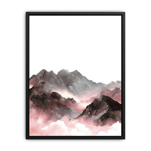 Soft pink and grey mountain watercolor canvas art for calm bedroom decor.