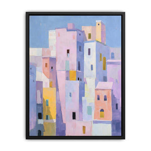 Pastel city architecture canvas art for colorful modern living room decor.