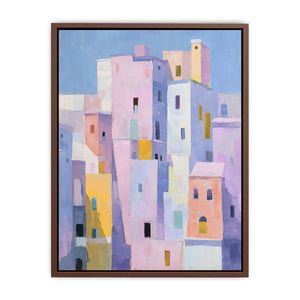 Pastel city architecture canvas art for colorful modern living room decor.
