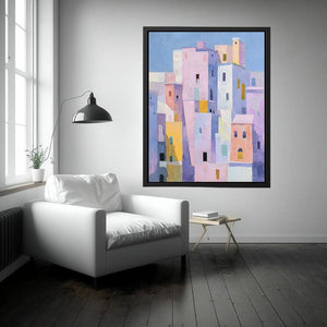 Pastel city architecture canvas art for colorful modern living room decor.