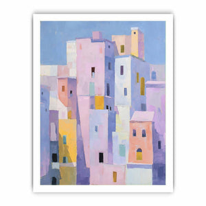 Pastel city architecture canvas art for colorful modern living room decor.