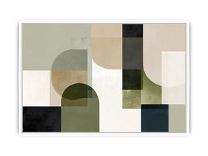 Sage geometric abstract canvas art for calm modern living room decor.