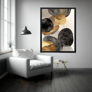 Black and gold abstract canvas art for luxury living room decor.