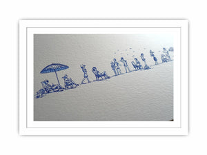 Blue beach line drawing wall art for coastal hallway or beach house decor.
