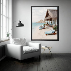 Luxury beach villa canvas print for coastal bedroom or living room decor.