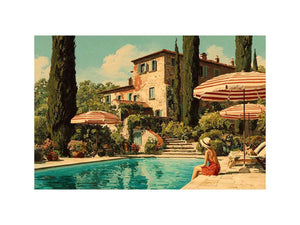 Tuscan pool villa canvas art for Mediterranean living room decor.