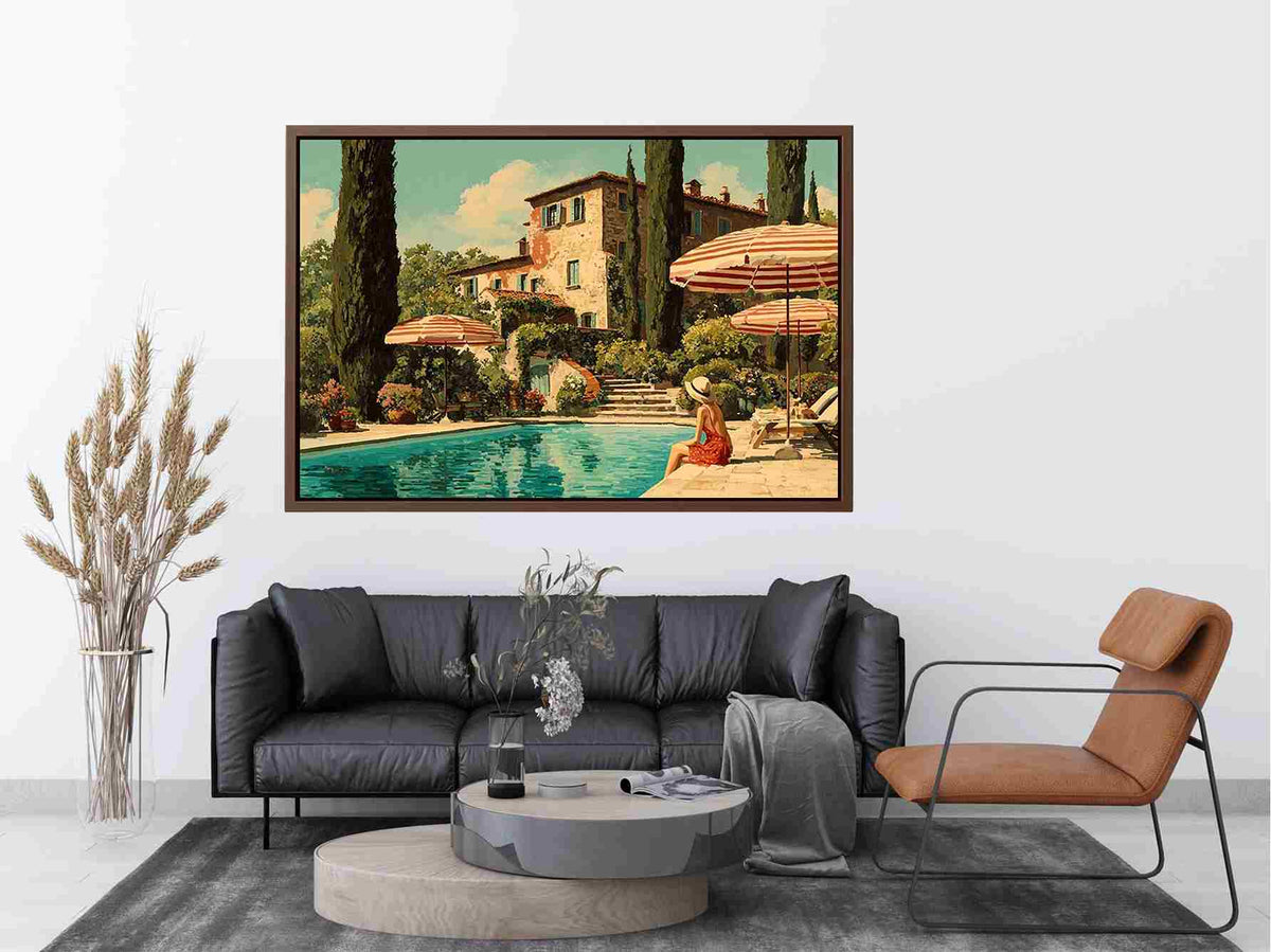 Tuscan pool villa canvas art for Mediterranean living room decor.