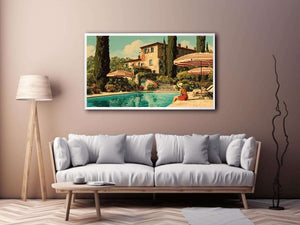 Tuscan pool villa canvas art for Mediterranean living room decor.