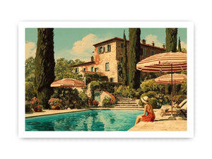 Tuscan pool villa canvas art for Mediterranean living room decor.