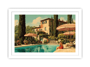 Tuscan pool villa canvas art for Mediterranean living room decor.