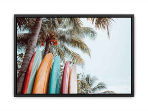 Colorful surfboard palm tree canvas print for tropical coastal decor.