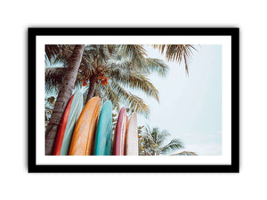 Colorful surfboard palm tree canvas print for tropical coastal decor.