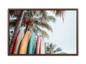 Colorful surfboard palm tree canvas print for tropical coastal decor.