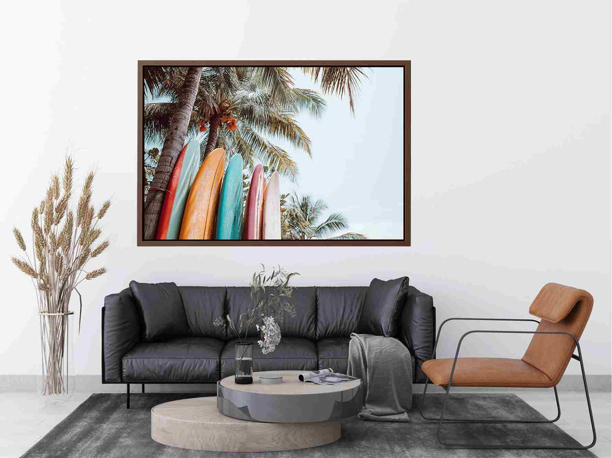 Colorful surfboard palm tree canvas print for tropical coastal decor.