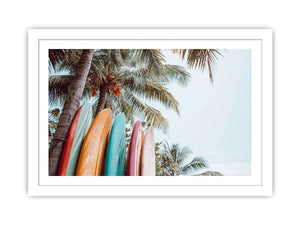 Colorful surfboard palm tree canvas print for tropical coastal decor.