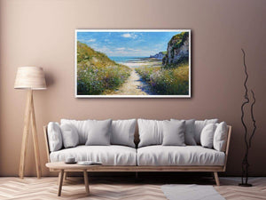 Coastal pathway canvas art with ocean cliffs and wildflowers for modern living room decor.